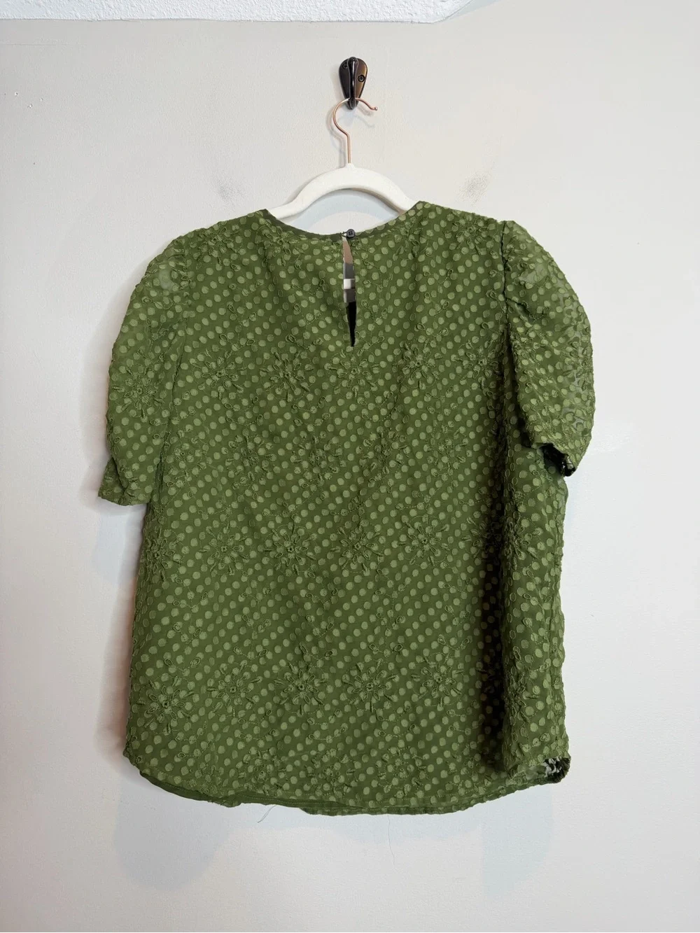 LOFT Olive Green Swiss Dot Floral Embroidered Puff Sleeve Blouse Large